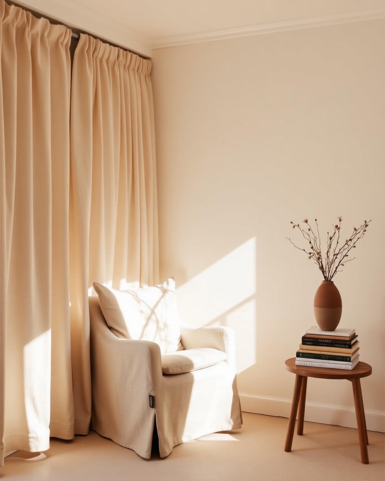 A sunlit interior with a linen armchair and dried branches in a ceramic vase