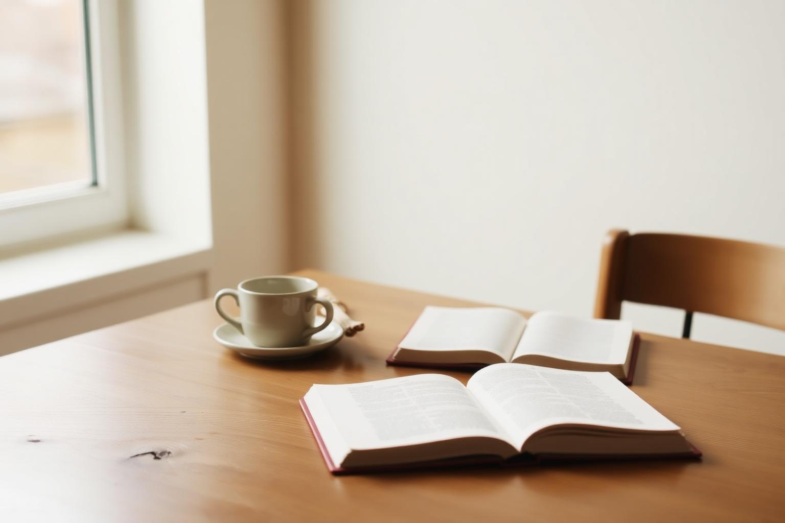 A wooden table with a ceramic cup and an open notebook in soft natural light