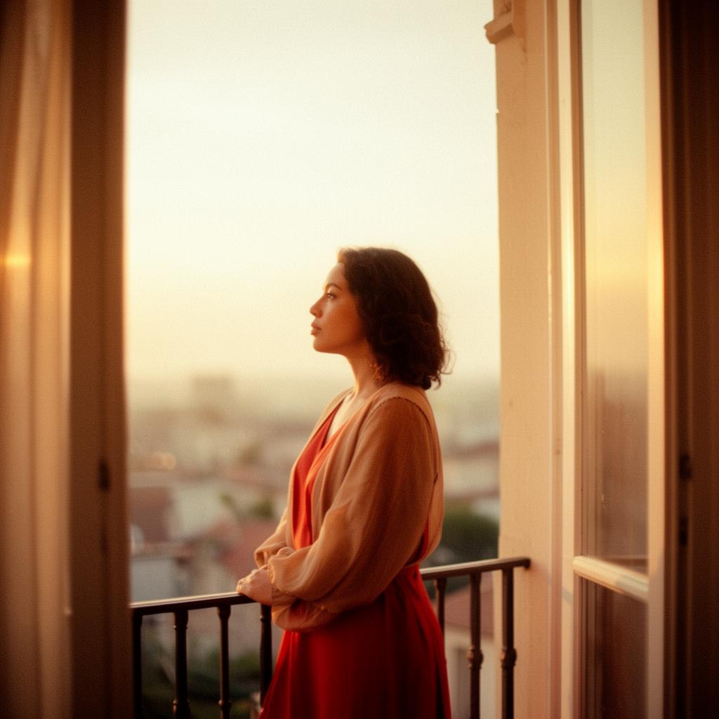 A woman standing on a balcony at golden hour, calm and grounded in her own becoming