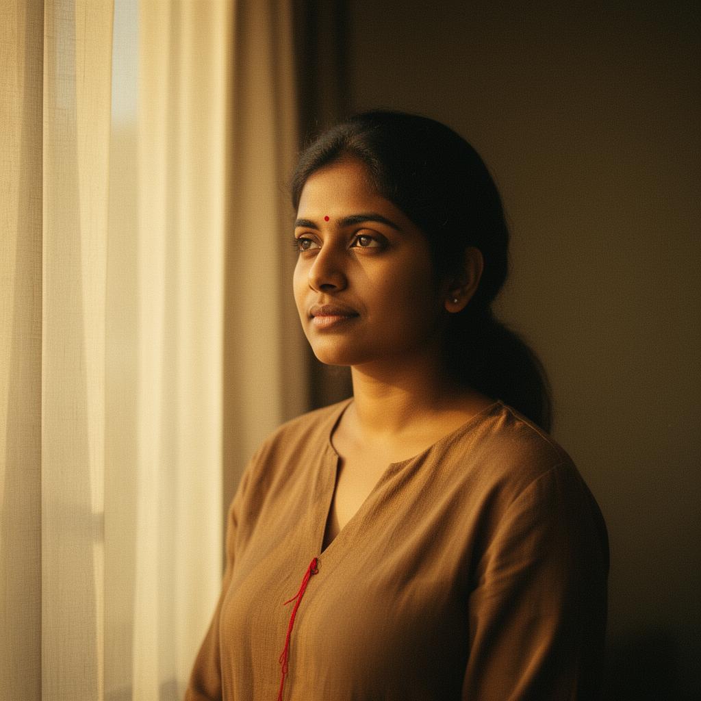 A woman looking out toward soft evening light