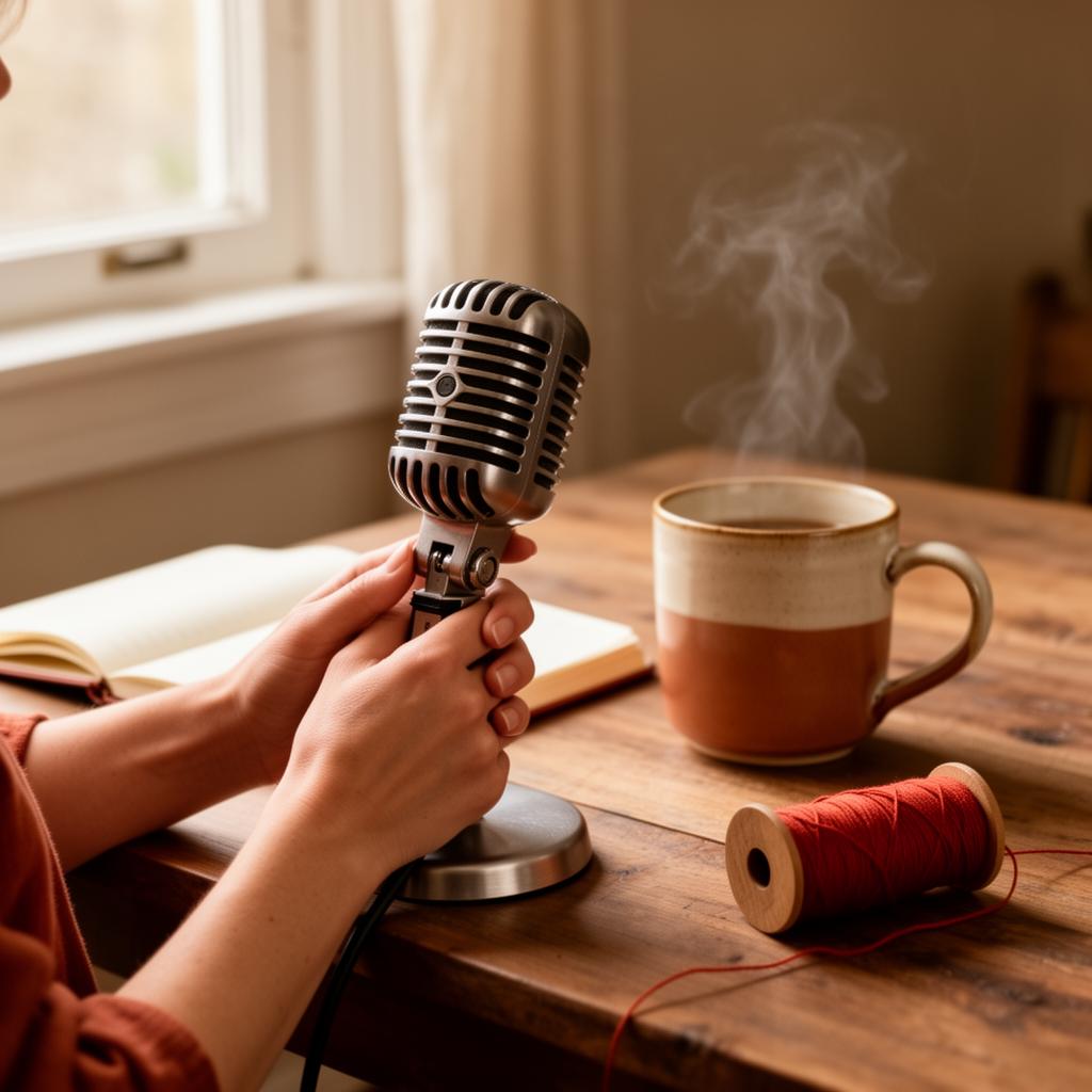 Hands holding a vintage microphone beside an open journal, a steaming mug, and a spool of red thread, quiet preparation for honest conversation
